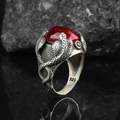 925 Sterling Silver Red Zircon Stone Snake Detail Handmade Men Ring