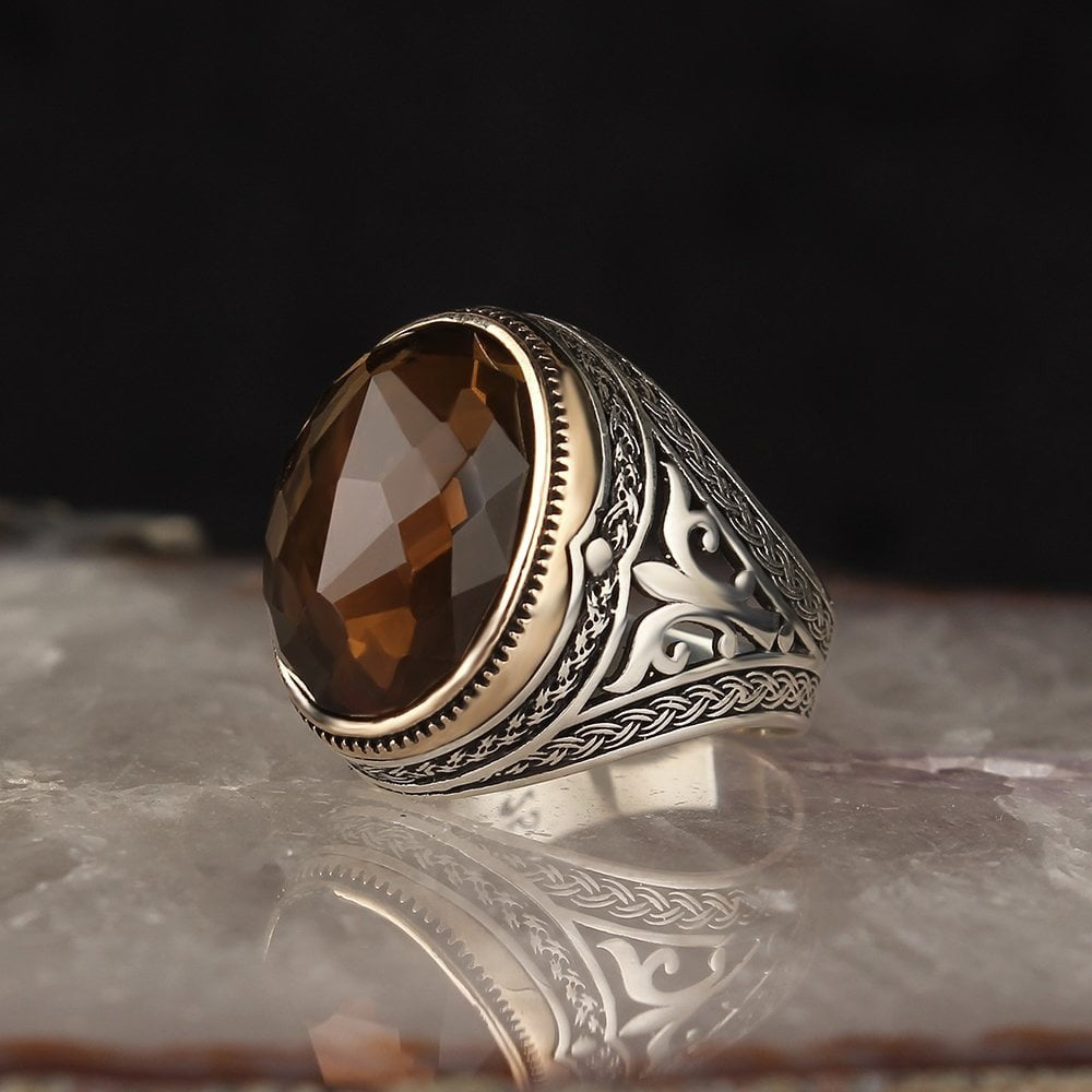 925 Sterling Silver Tiger Eye Stone Handmade Traditional Men Ring