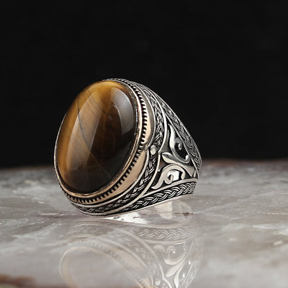 925 Sterling Silver Tiger Eye Stone Handmade Traditional Men Ring