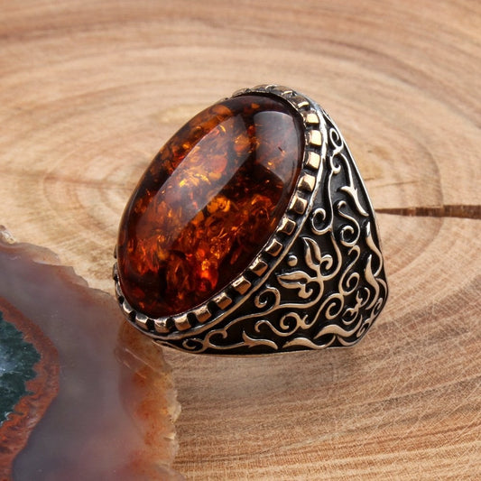 925 Sterling Silver Amber Stone Handmade Traditional Motif Men Ring