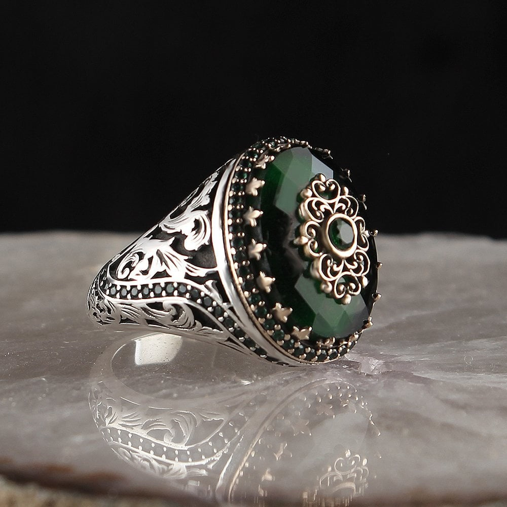 925 Sterling Silver Green Aqeeq Stone Hanmdade Men Ring