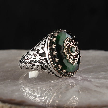 925 Sterling Silver Green Aqeeq Stone Hanmdade Men Ring