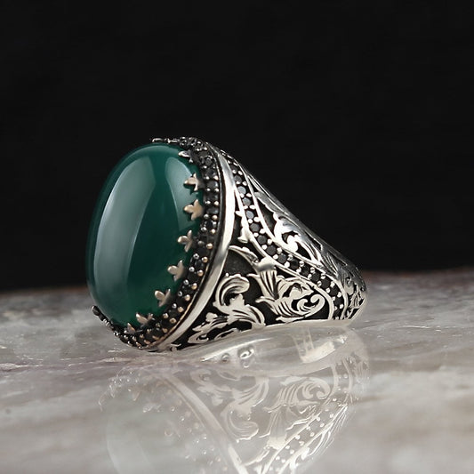 925 Sterling Silver Green Aqeeq Stone Hanmdade Men Ring