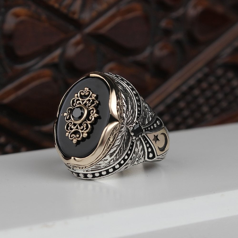 925 Sterling Silver Aqua  Stone Traditional Motif Men Ring