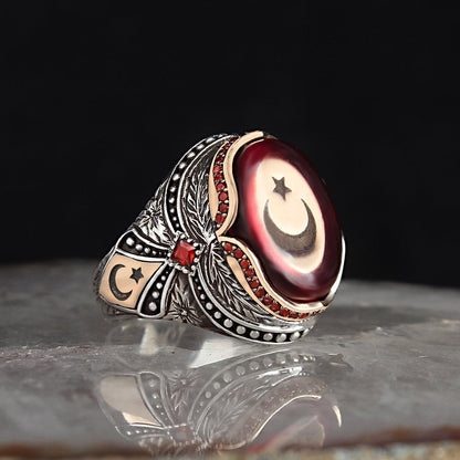 925 Sterling Silver Aqua  Stone Traditional Motif Men Ring