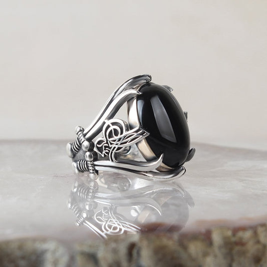 925 Sterling Silver Onyx Stone Ottoman Tugra Men Ring