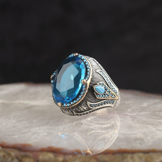 925 Silver Blue Topaz Stone Crystal Cut Men Ring