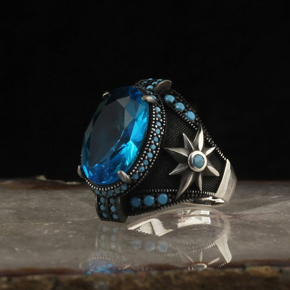 925 Sterling Silver Mystic Topaz Stone Compass Men Ring