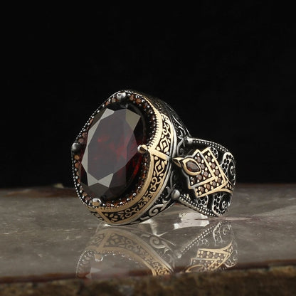 925 Sterling Silver Red Zircon Stone Handmade Men Ring