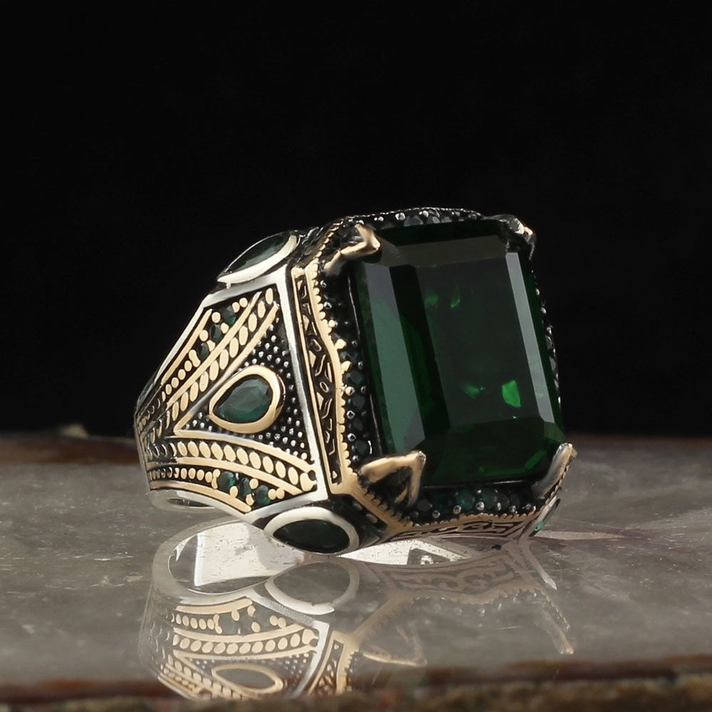 925 Sterling Silver Green Zircon Stone Square Men Ring