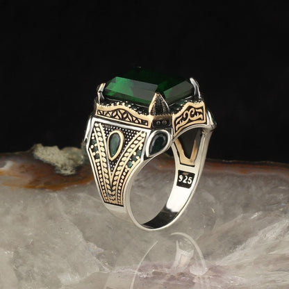 925 Sterling Silver Green Zircon Stone Square Men Ring