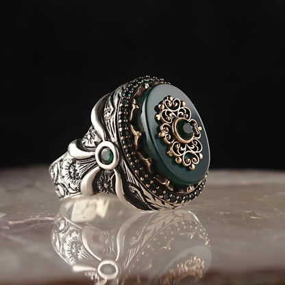 925 Sterling Silver Green Onyx Stone Handmade Ottoman Men Ring