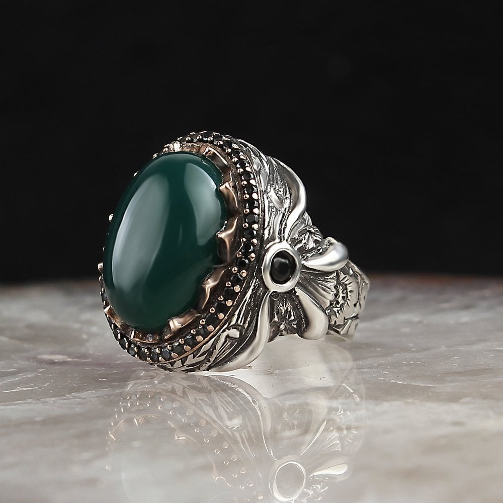 925 Sterling Silver Green Onyx Stone Handmade Ottoman Men Ring