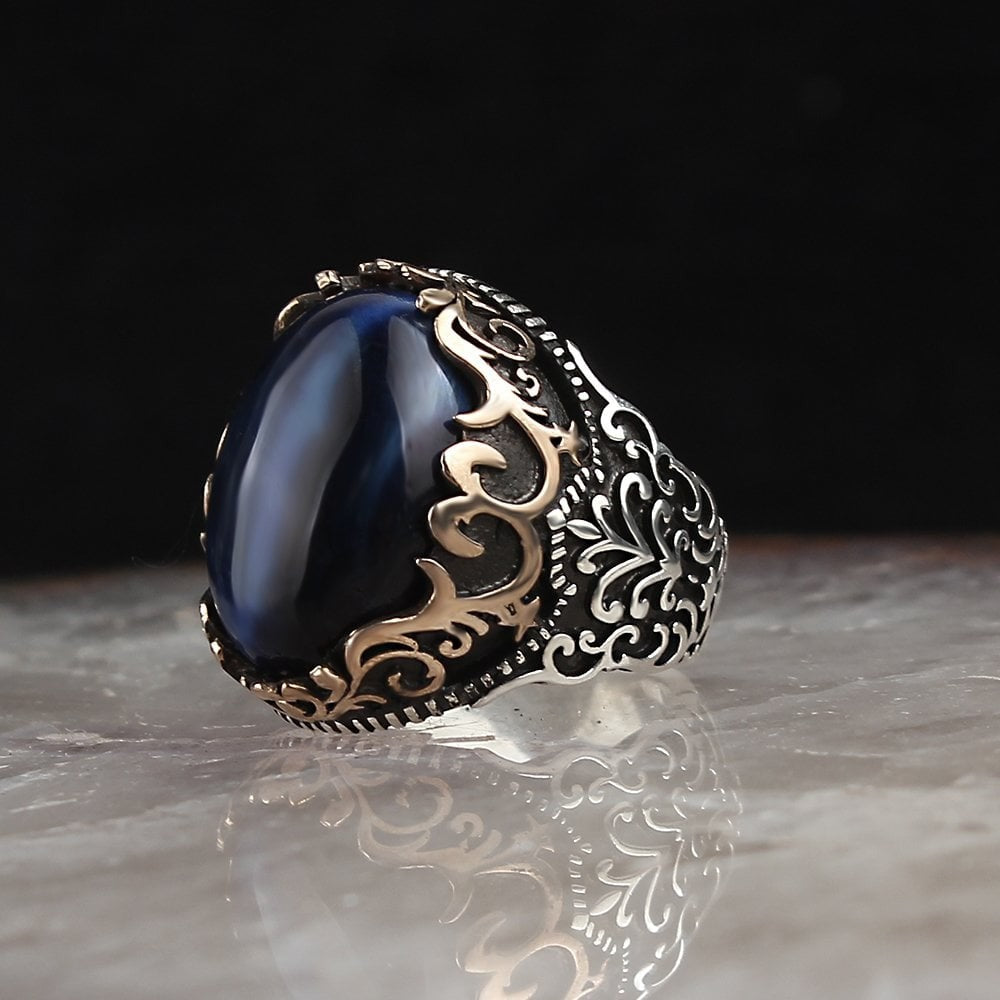 925 Sterling Silver Blue Tiger Eye Pen Workmanship Handmade Men Ring