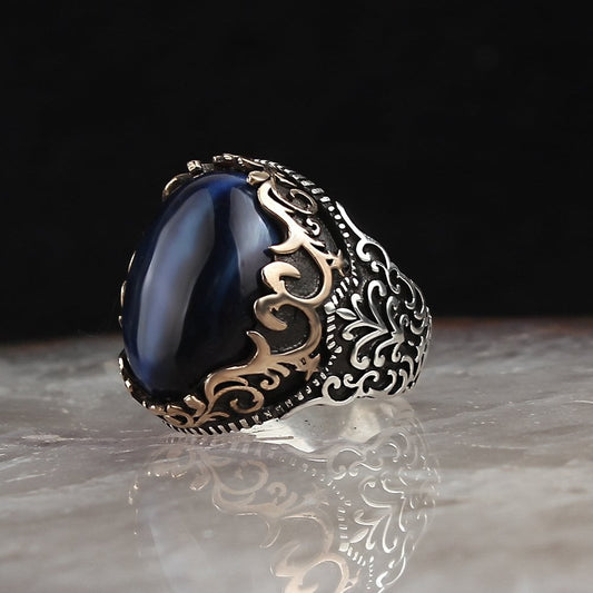 925 Sterling Silver Blue Tiger Eye Pen Workmanship Handmade Men Ring