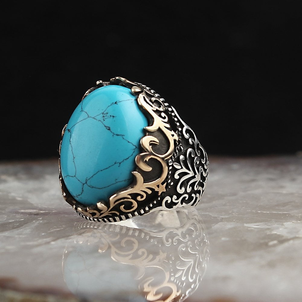 925 Sterling Silver Blue Tiger Eye Pen Workmanship Handmade Men Ring