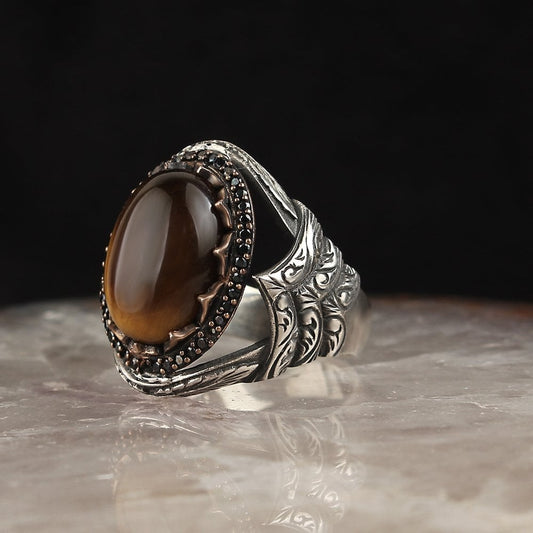 925 Sterling Silver Tiger Eye Stone Handmade Traditional Men Ring