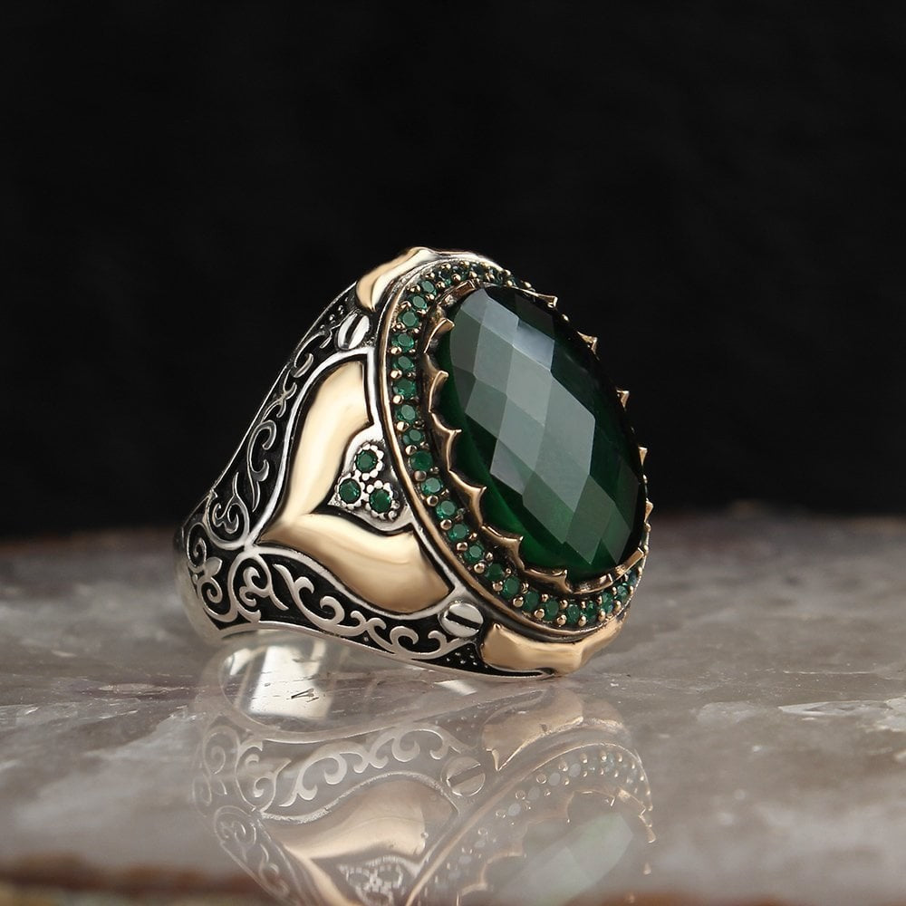 925 Sterling Silver Green Zircon Stone Handmade Men Ring