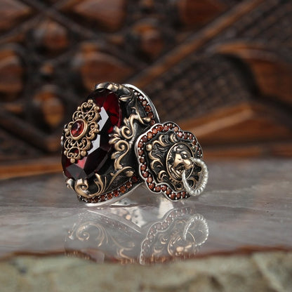 925 Sterling Silver Red Zircon Stone Lion Elaborated Handmade Ring