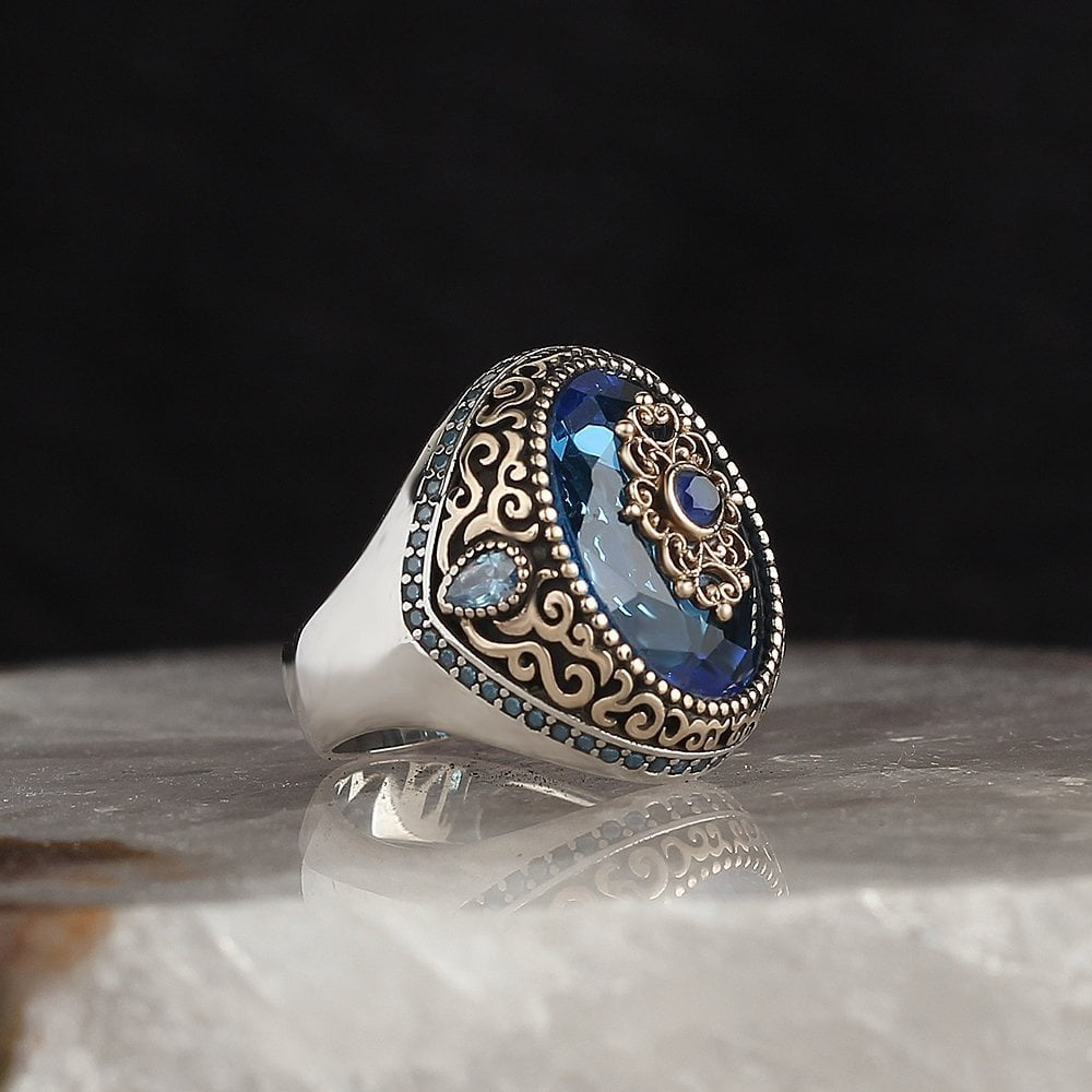 925 Sterling Silver Blue Topaz Engraved Pattern Handmade Men Ring