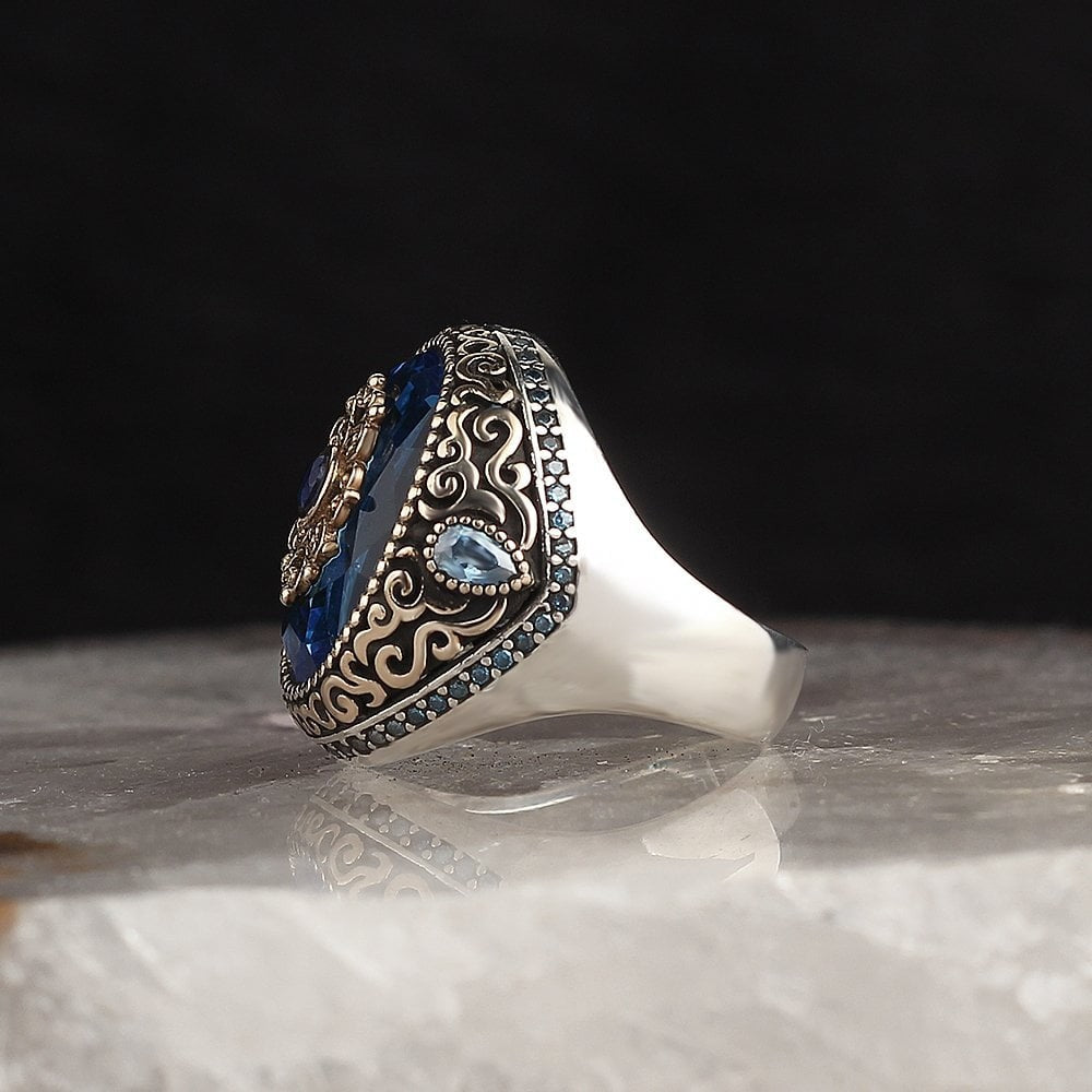 925 Sterling Silver Blue Topaz Engraved Pattern Handmade Men Ring