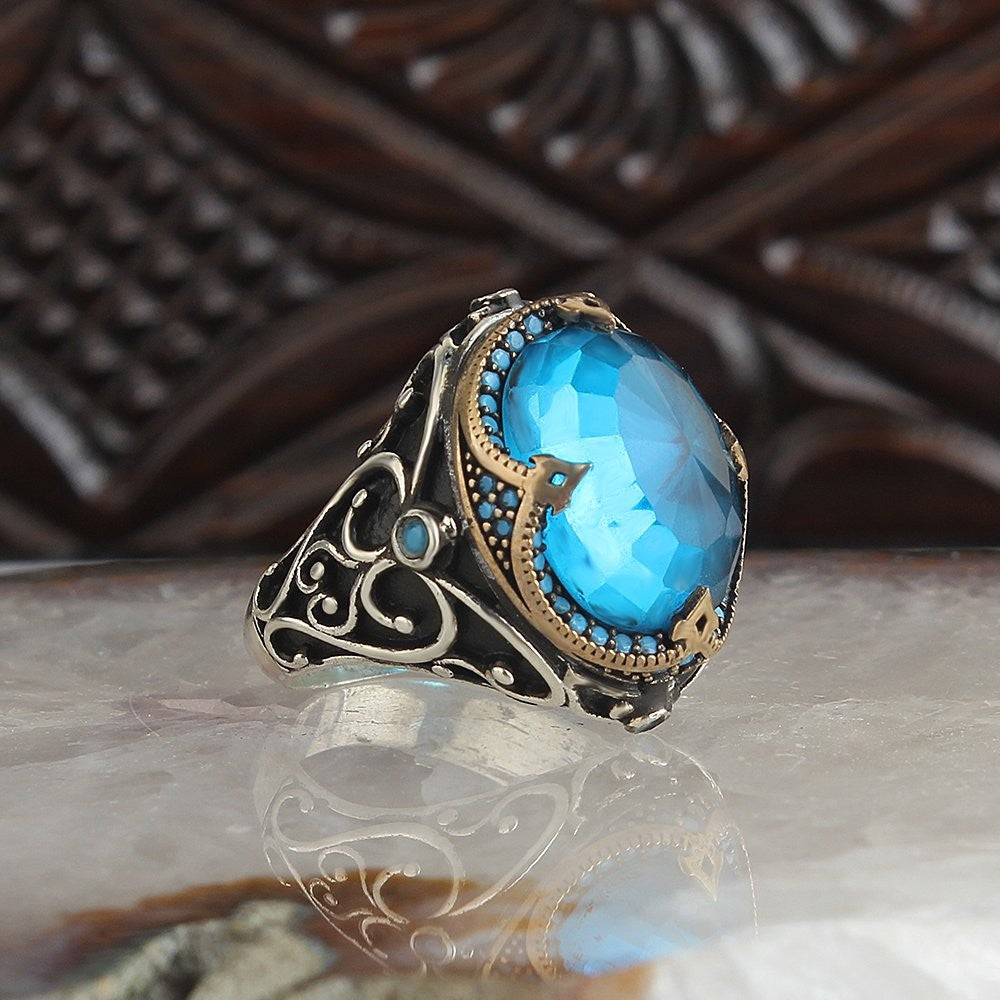 925 Sterling Silver Aqua Marine Stone Traditional Motif Men Ring