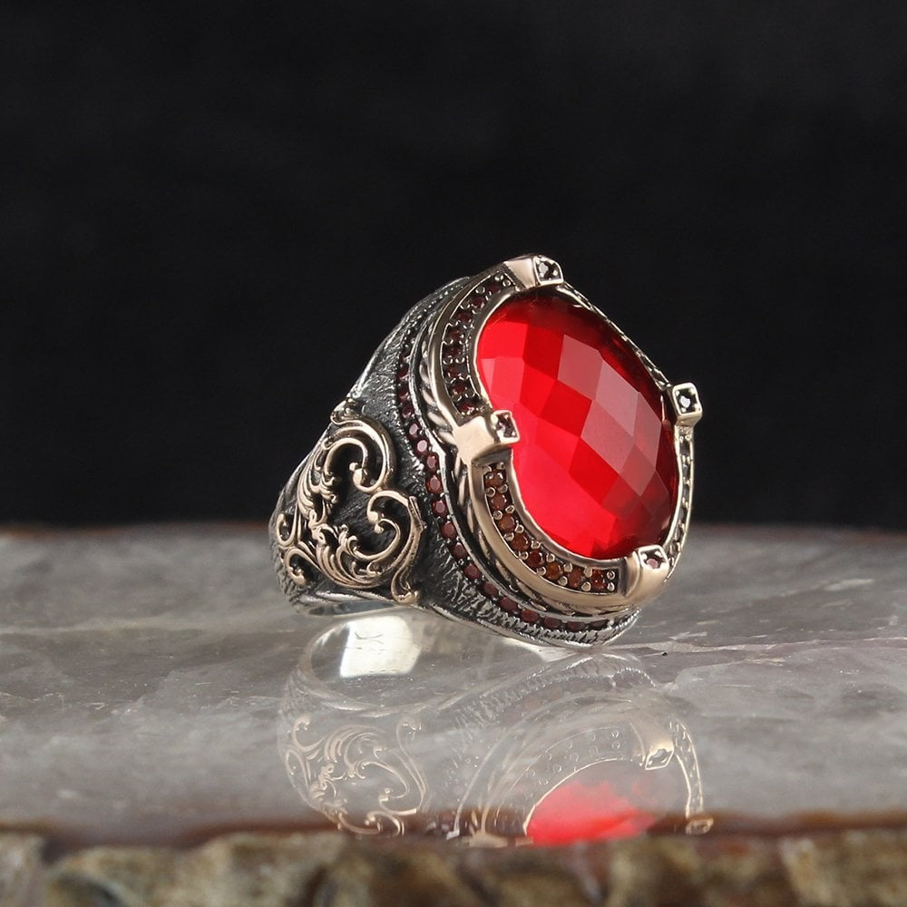 925 Sterling Silver Red Zircon Stone Pen Workmanship Handmade Men Ring