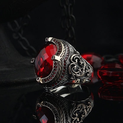 925 Sterling Silver Red Zircon Stone Pen Workmanship Handmade Men Ring