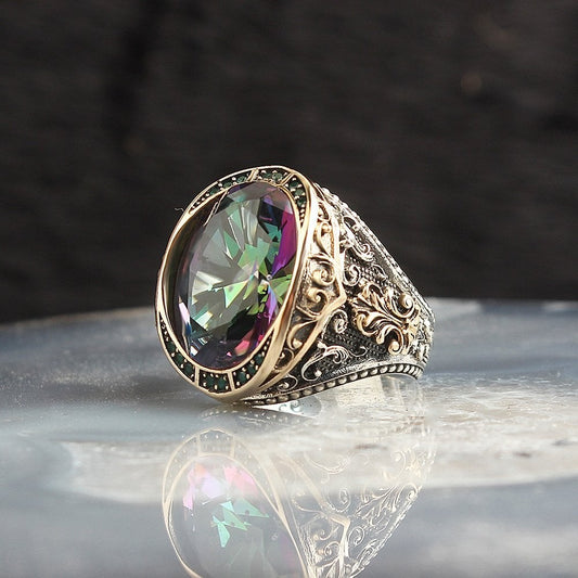 925 Sterling Silver Mystic Topaz Stone Pen Workmanship Men Ring