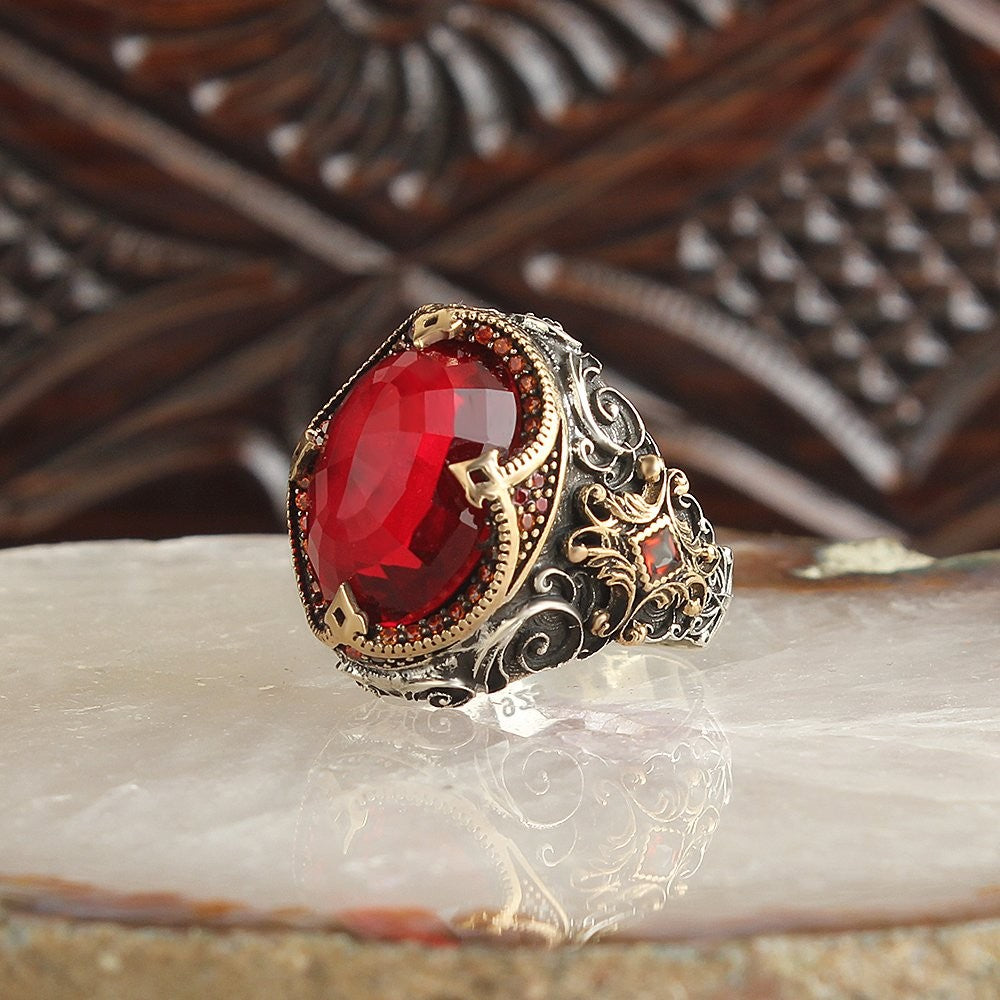 925 Sterling Silver Red Zircon Stone Handmade Men Ring