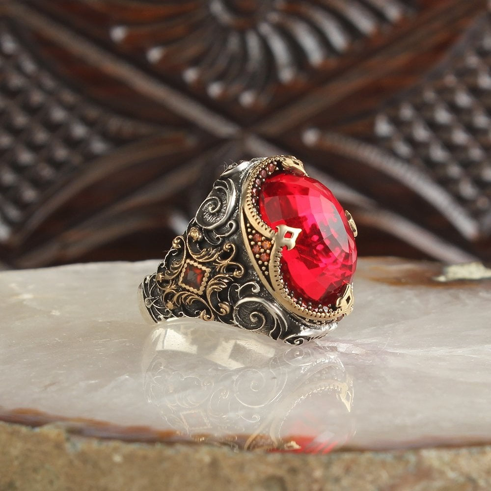 925 Sterling Silver Red Zircon Stone Handmade Men Ring