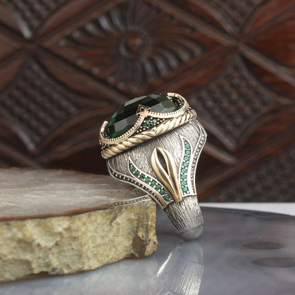 925 Sterling Silver Green Zircon Stone Hanmdade Men Ring