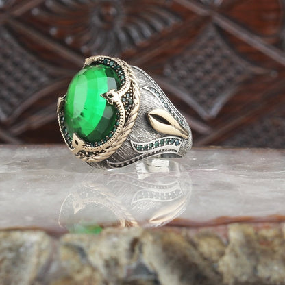 925 Sterling Silver Green Zircon Stone Hanmdade Men Ring