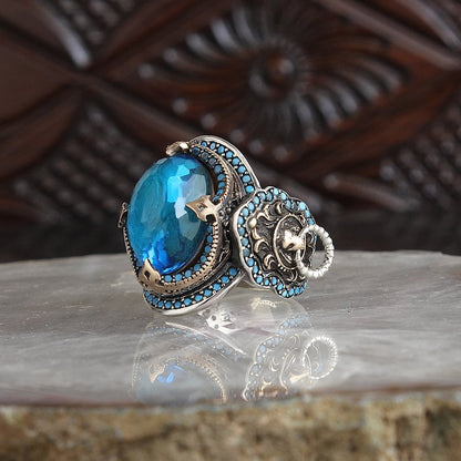 925 Sterling Silver Blue Zircon Stone Traditional Motif Men Ring