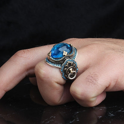 925 Sterling Silver Blue Zircon Stone Traditional Motif Men Ring