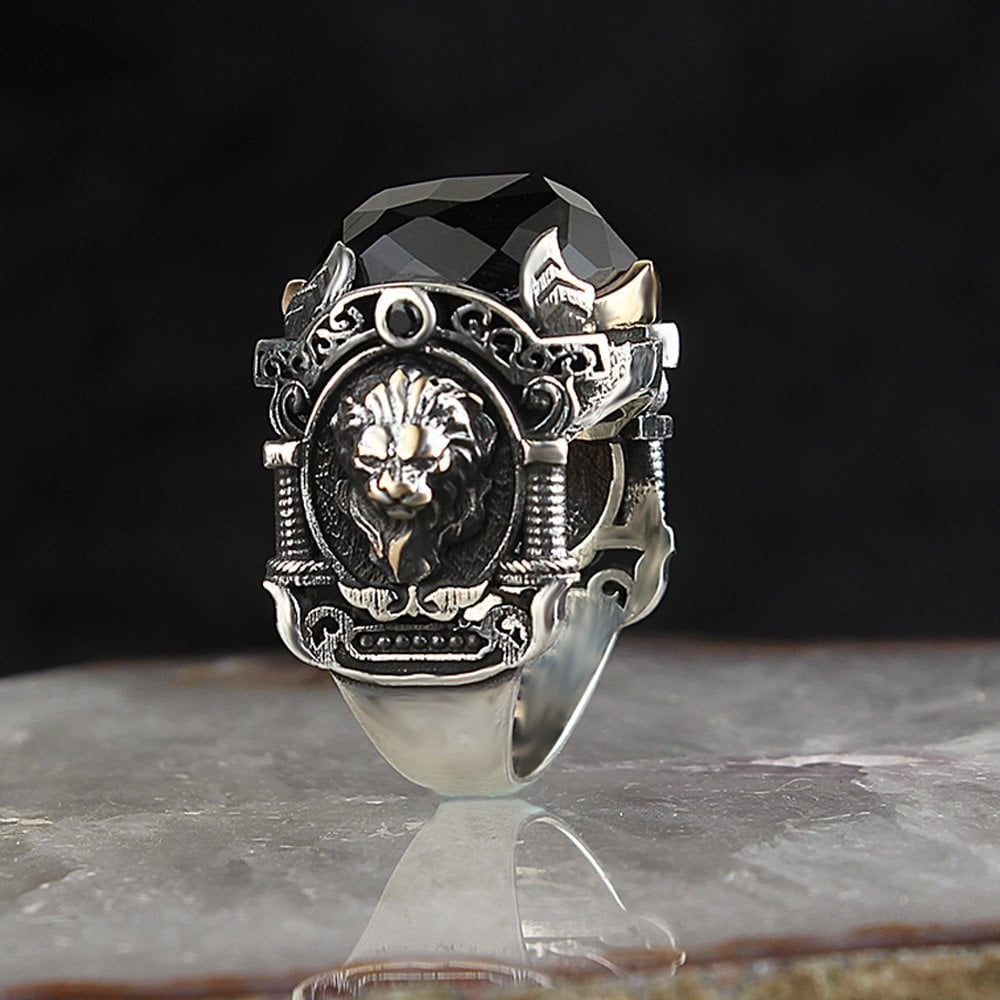 925 Sterling Silver Black Zircon Stone Lion Head Motif Men Ring