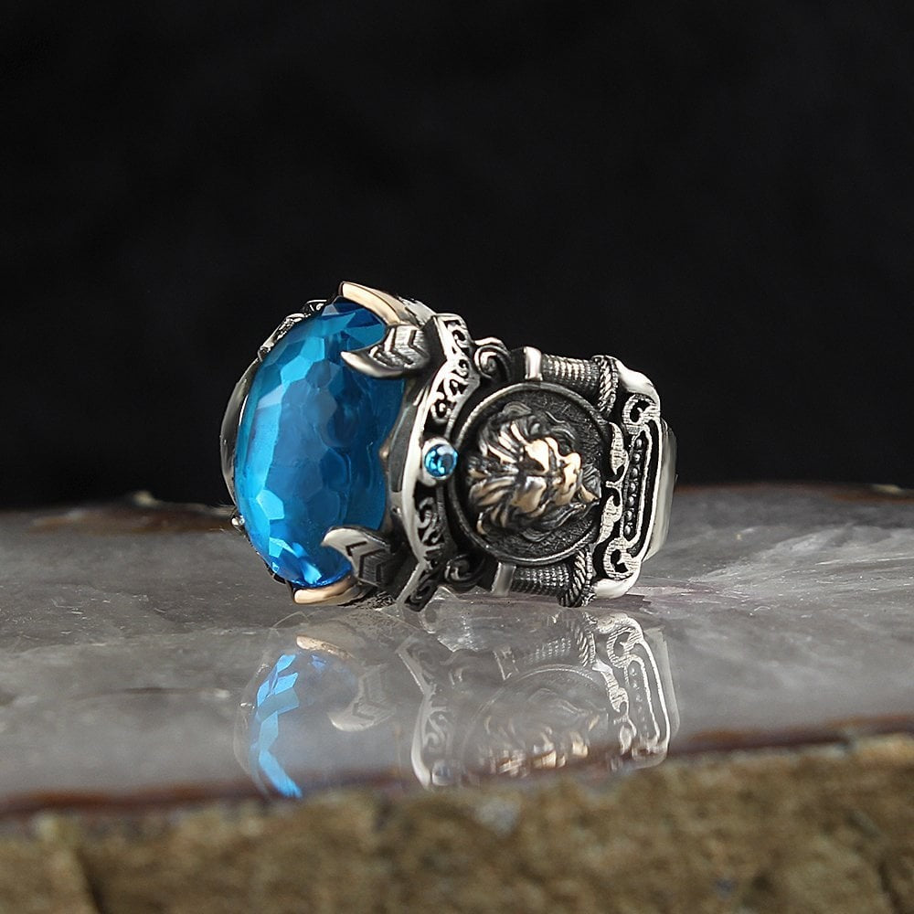 925 Sterling Silver Black Zircon Stone Lion Head Motif Men Ring