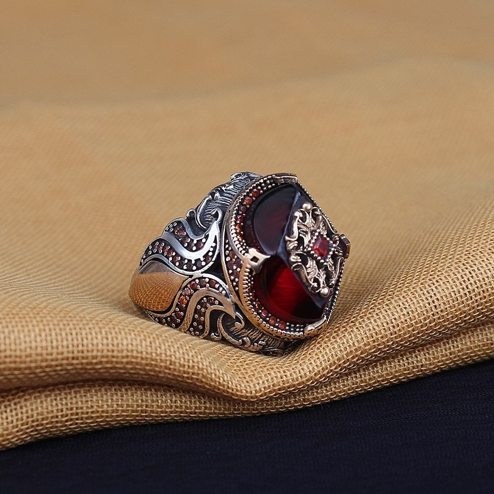 925 Sterling Silver Amber Stone Handmade Traditional Motif Men Ring