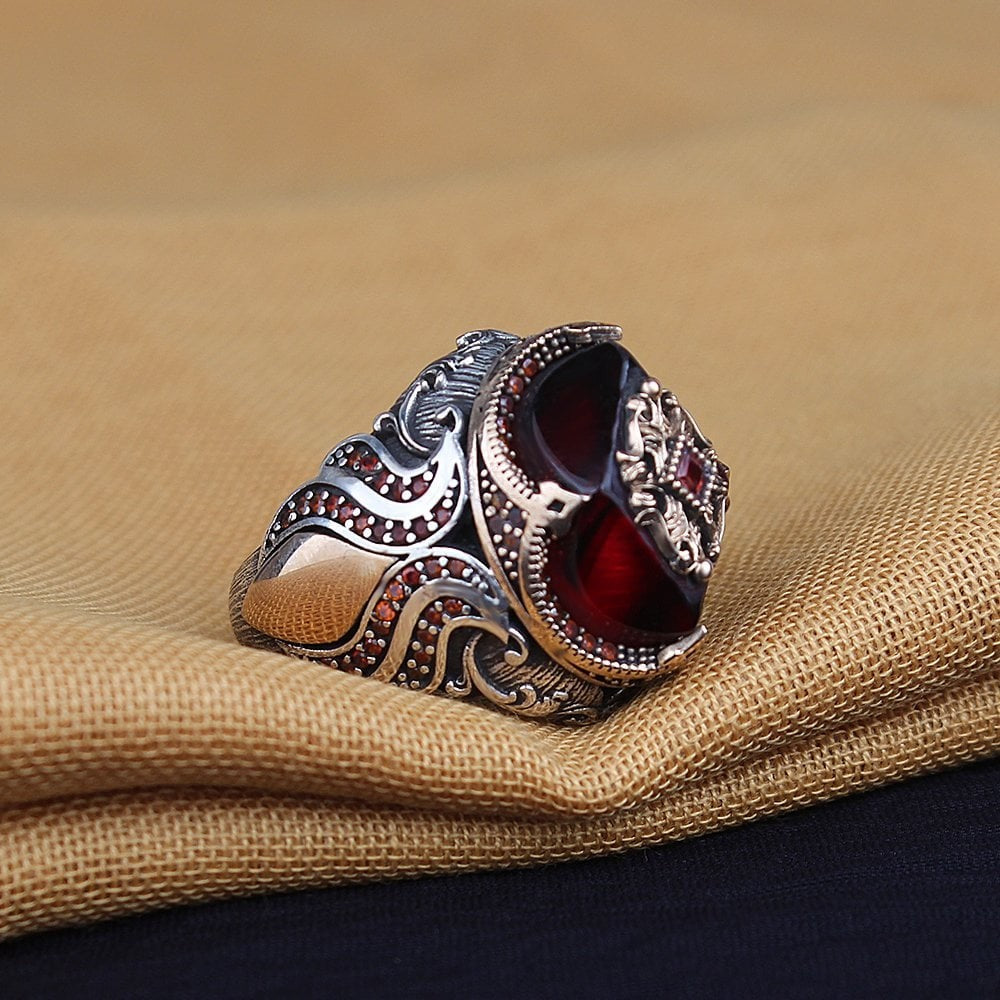 925 Sterling Silver Amber Stone Handmade Traditional Motif Men Ring