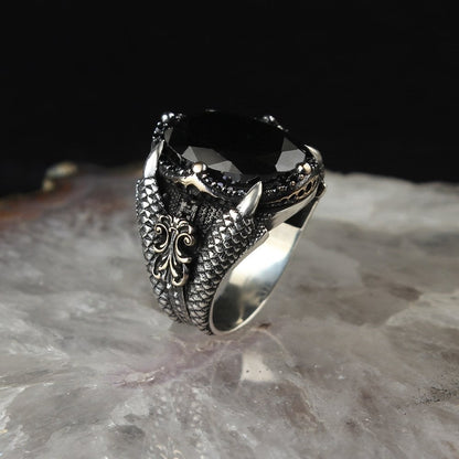 925 Sterling Silver Green Zircon Stone Eagle Claw Men Ring