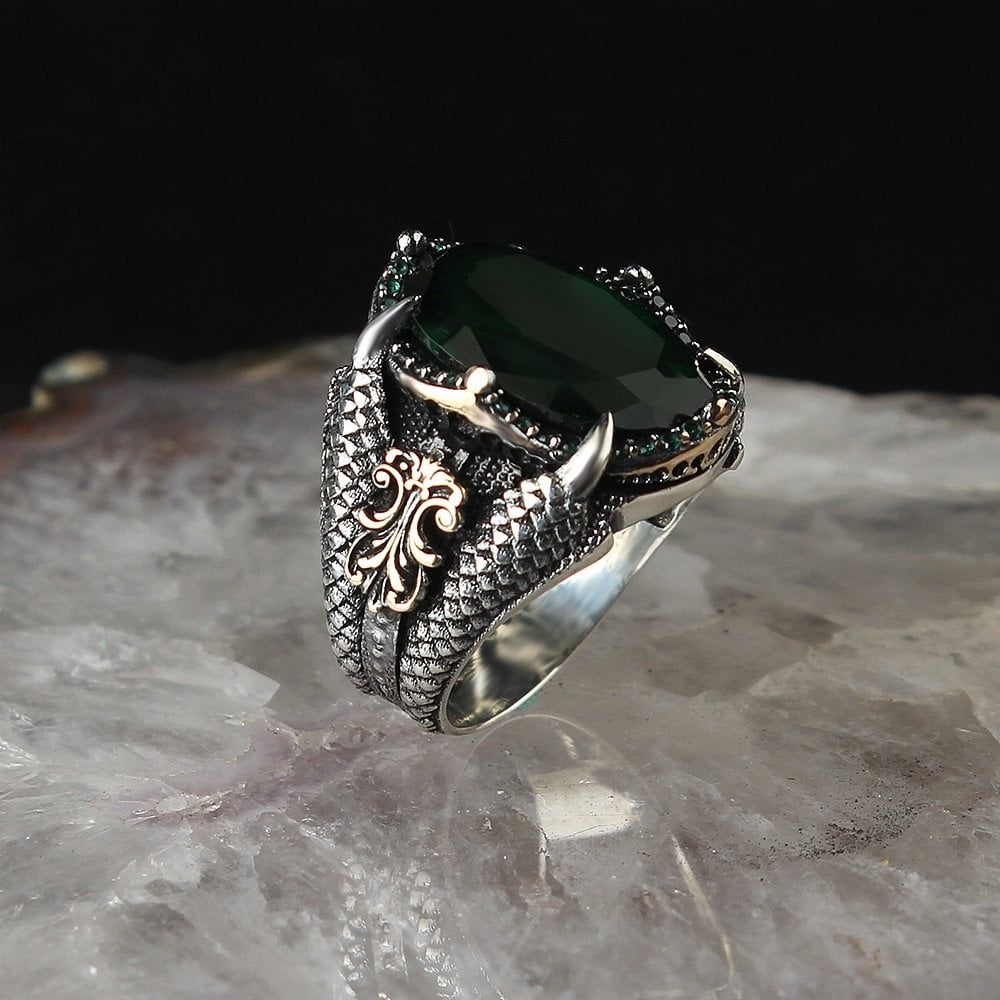 925 Sterling Silver Green Zircon Stone Eagle Claw Men Ring