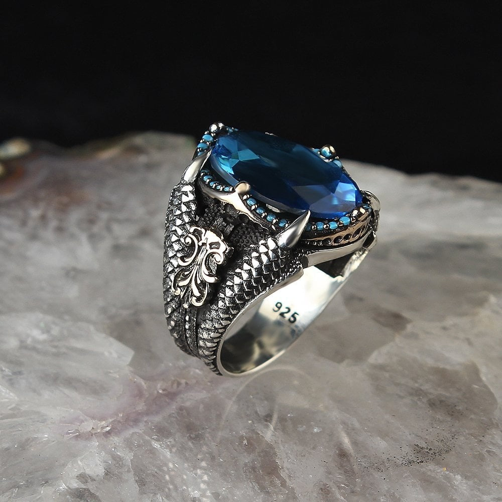 925 Sterling Silver Green Zircon Stone Eagle Claw Men Ring