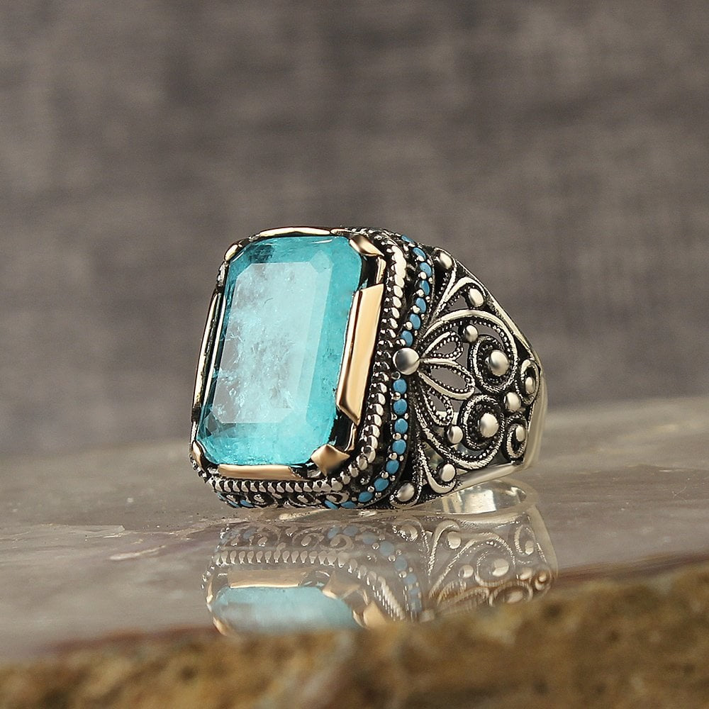 925 Sterling Silver Paraiba Stone Handmade Square Men Ring