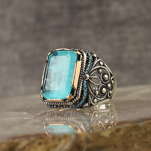 925 Sterling Silver Paraiba Stone Handmade Square Men Ring