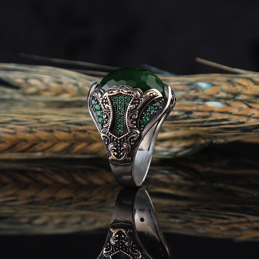 925 Sterling Silver Green Zircon Stone Handmade Men Ring