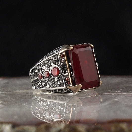 925 Sterling Silver Agate Stone Handmade Square Men Ring