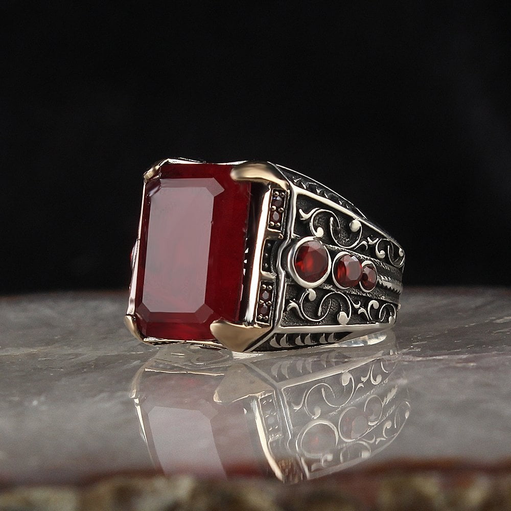 925 Sterling Silver Agate Stone Handmade Square Men Ring