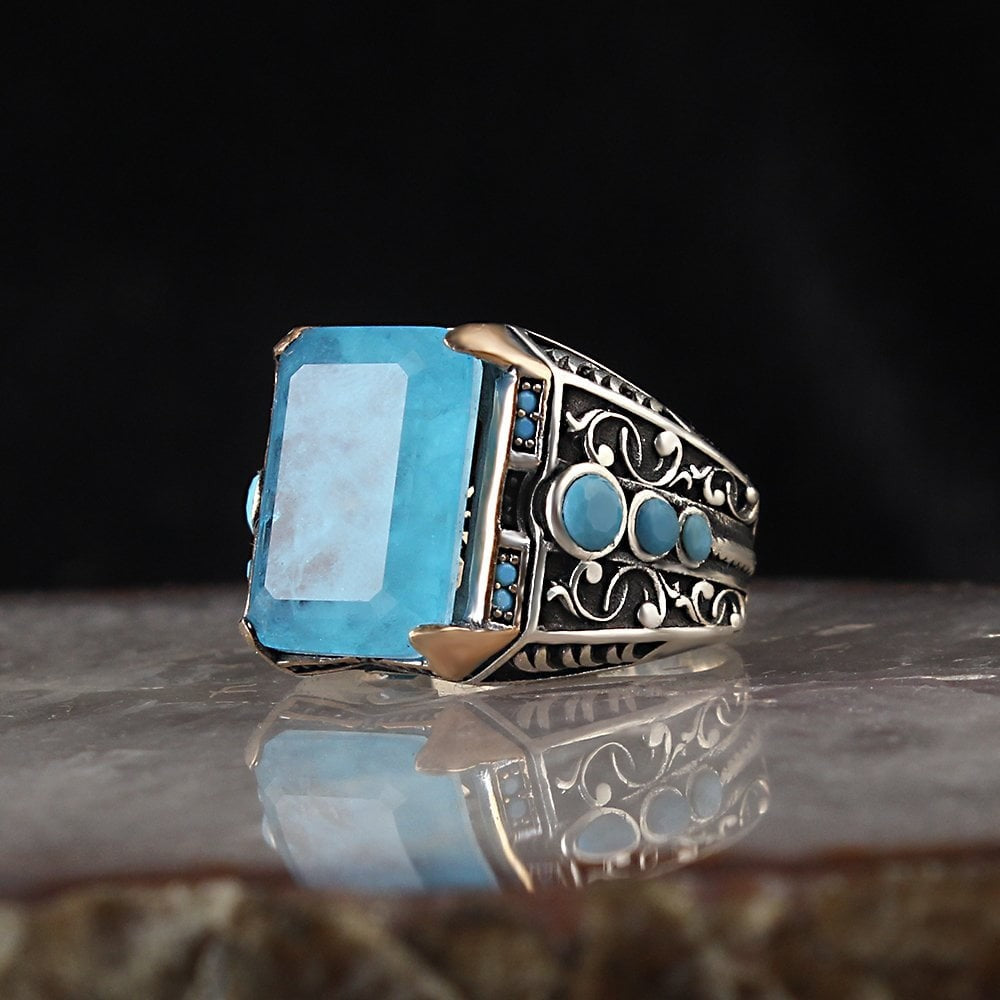 925 Sterling Silver Agate Stone Handmade Square Men Ring