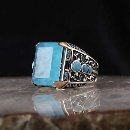 925 Sterling Silver Agate Stone Handmade Square Men Ring