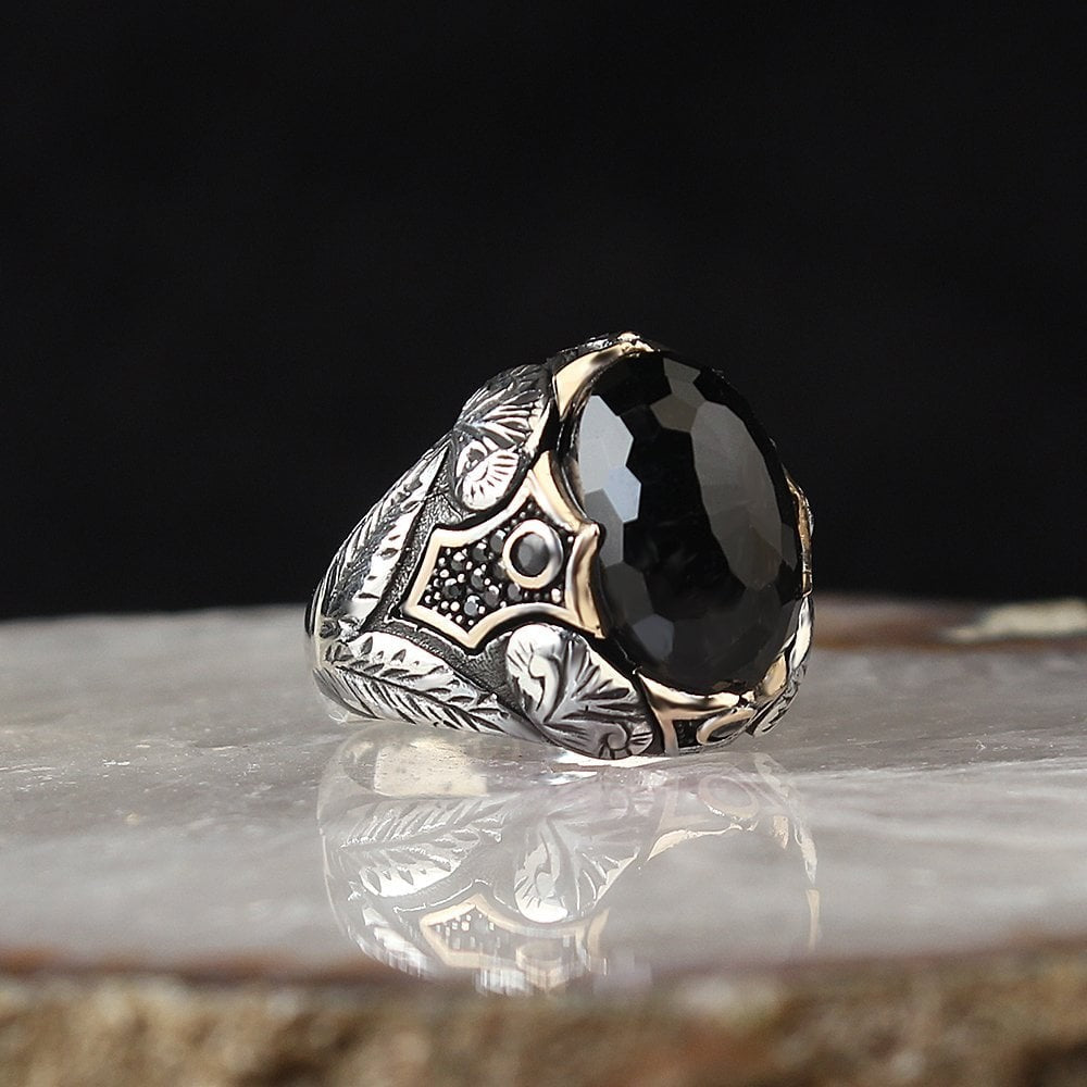 925 Sterling Silver Aqua Marine Stone Traditional Motif Men Ring